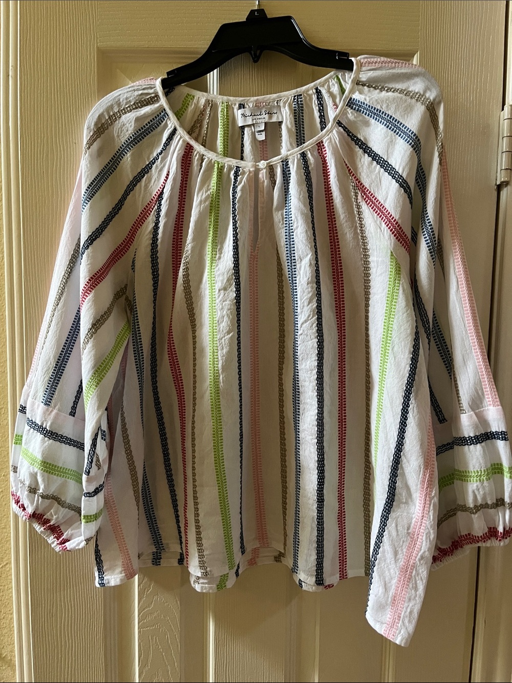 Michael Stars White Peasant Blouse with Multicolor Stripes-Large